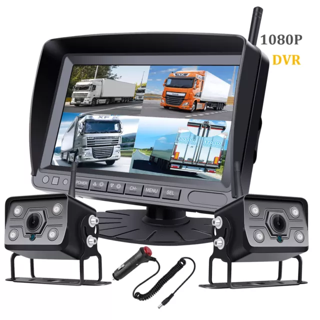7" Digital Wireless Quad Monitor Backup Camera  DVR for RV Truck Trailer VAN