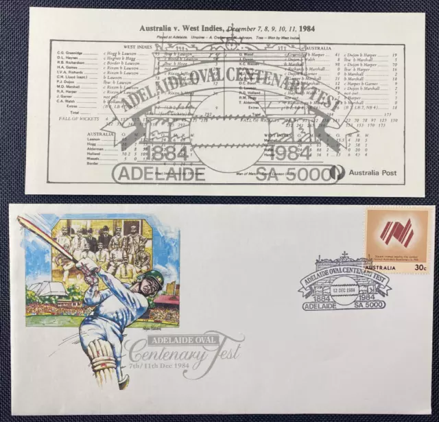 1984 Adelaide Oval Centenary Test Pictorial Postmark On Cover + Scorecard Insert