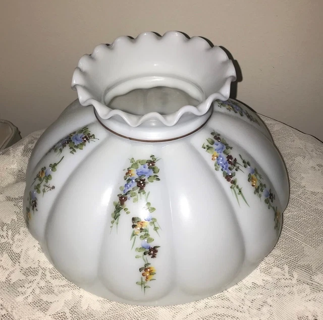 Handpainted Signed White Floral Lamp Shade for Aladdin Oil Lamp