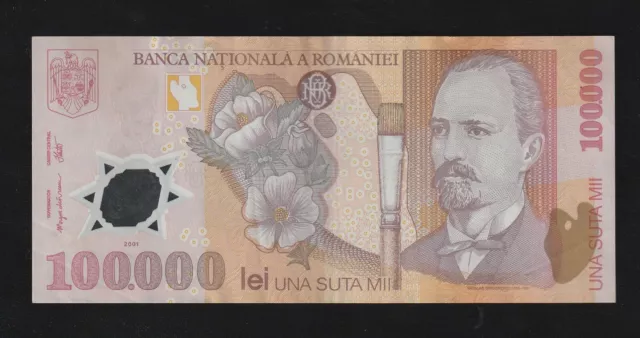 Romania , 100000 Lei, 2001, P-114, Polymer Very Fine+ (VF+) Banknote
