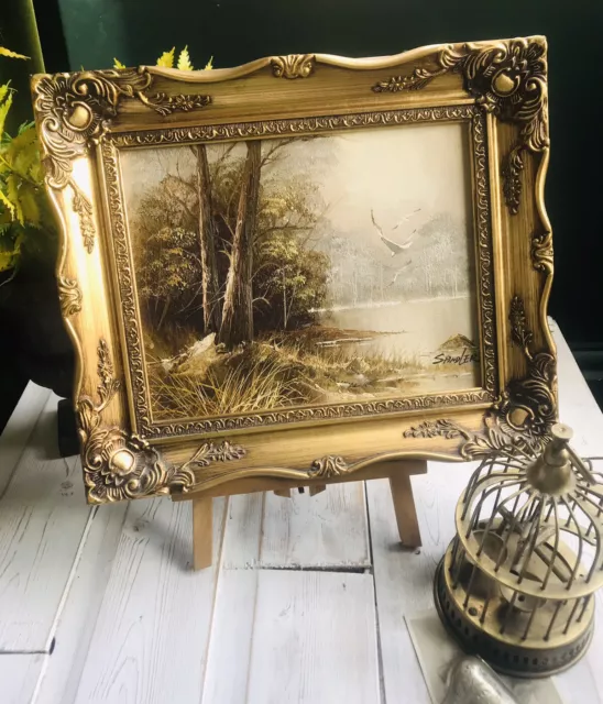 vintage antique Style gilt gold framed Oil Painting Country Lake Still Life