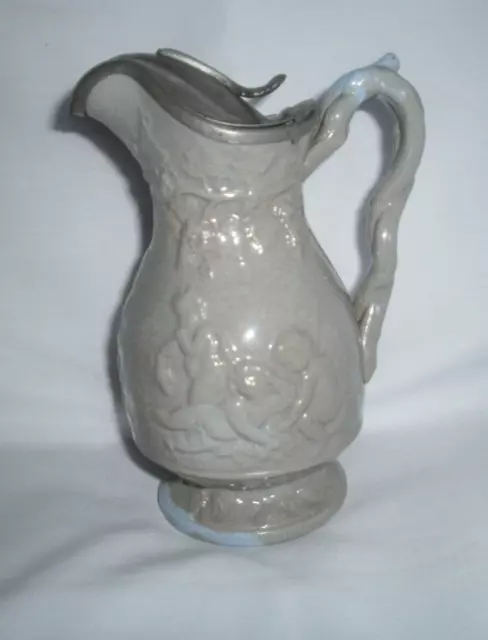 MID 19thC SAMUEL ALCOCK, STAFFORDSHIRE JUG/PITCHER/EWER W/CHEREBS W/PEWTER LID