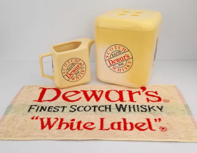 Vintage Dewars Scotch Whisky Ice Bucket Water Jug & Bar Towel