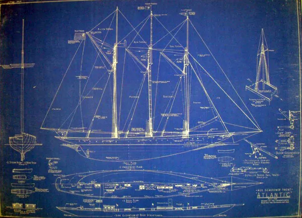 Racing Schooner Yacht Atlantic 1905 Blueprint Plan Drawing 22" x 29" (078)