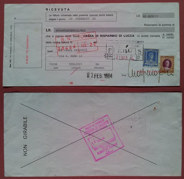 RICEVUTA 1984 CASSA di Risparmio di Lucca - Marche da Bollo da Lire 100 ...