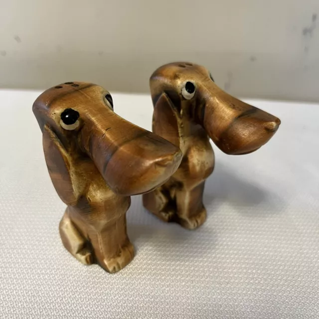 Vintage Hound Dog Salt And Pepper Set Ceramic Brown 3” Japan Wood Look