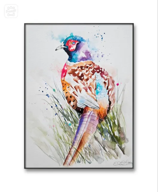 Large original signed watercolour art painting by Elle Smith A Standing Pheasant