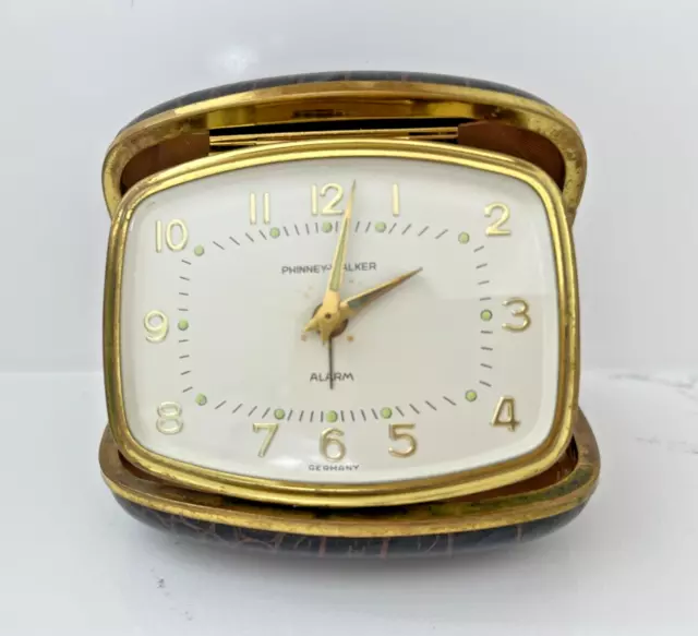 Vtg Phinney-Walker Folding Travel Alarm Clock- Germany-Brown Leather Case-Works