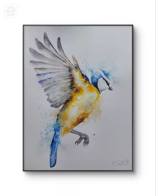 Large original signed watercolour art painting by Elle Smith of A Blue Tit Bird