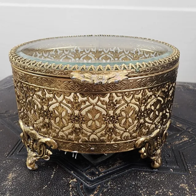 Vintage Ormolu Gold Ornate Filigree Jewelry Trinket Box Casket Beveled Glass Lid