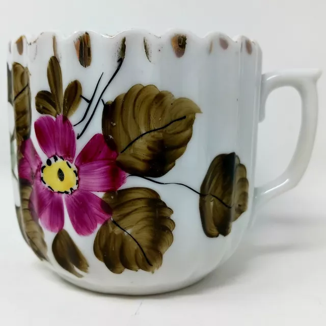 Ancien German Céramique Main Peint Moustache Tasse Fleurs Floral Côtelé Vgc