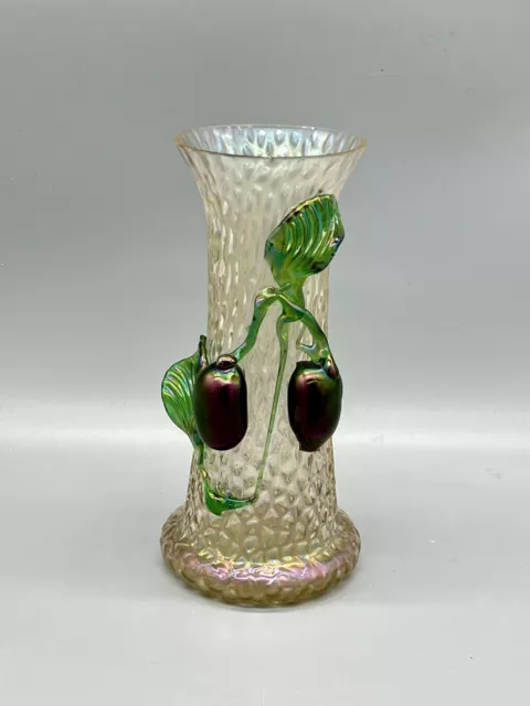 Kralik Art Glass Victorian Vase Art Nouveau Deco Iridescent Applied Plum