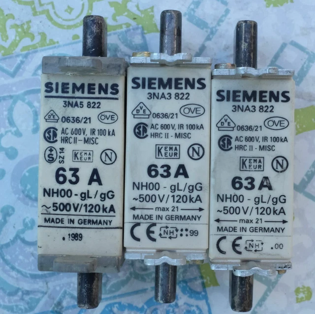 3X Siemens 3NA3822 fusible 63A taille 000 gL/gG 500V Lot de 3 d'occasion 3