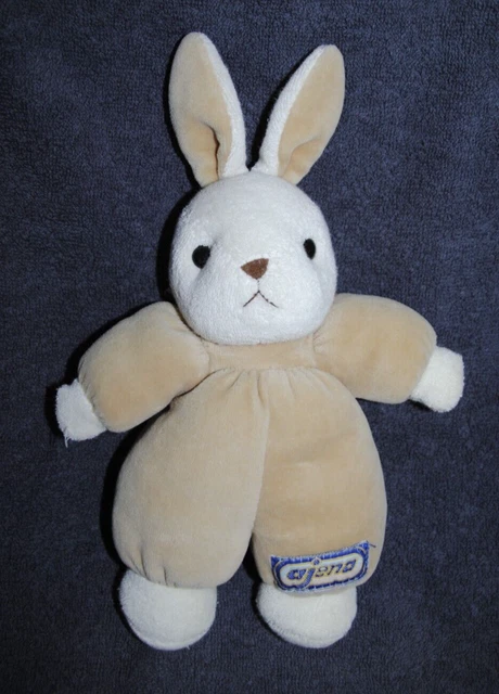 Peluche Doudou Lapin Beige Ecru AJENA Eponge Velours Vintage  Hochet 26 Cm TTBE