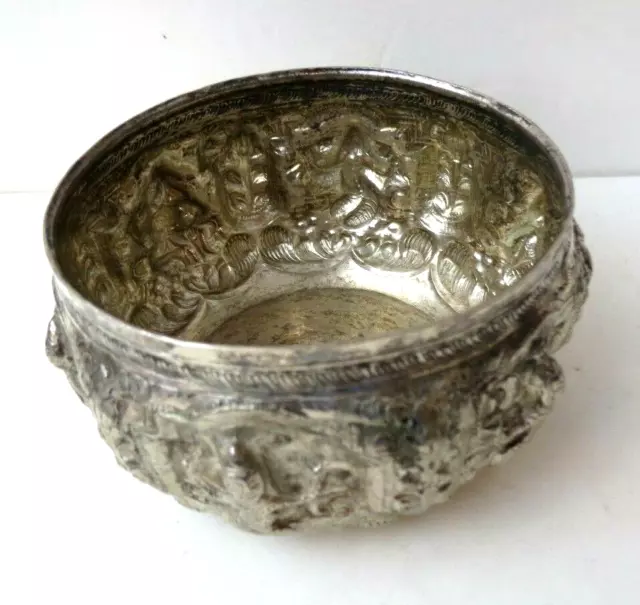 Antique Handmade Asian Solid Sterling Silver Burmese Thai Repousse Figural Bowl