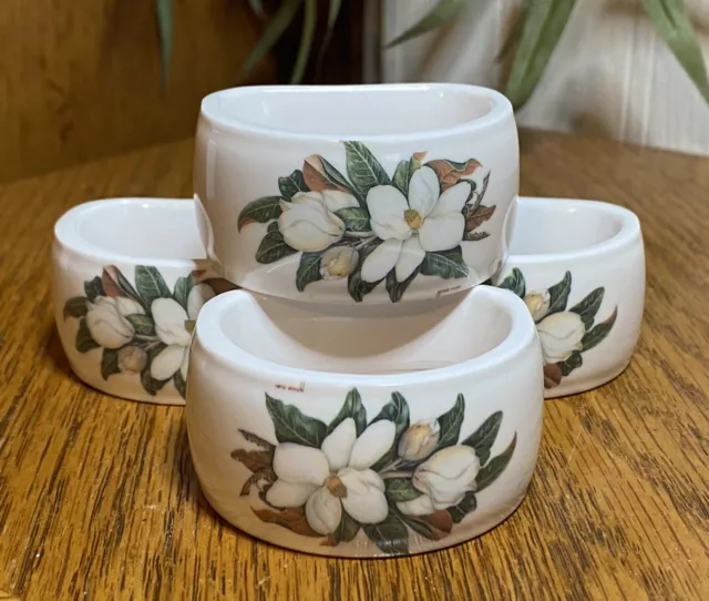 Lot Maria Ryan Set Of 4 Magnolia Flowers Porcelain Napkin Ring Holders NWOT