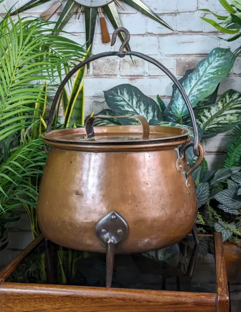 Antique Arts Crafts Copper Lidded Cauldron Pot Fireside Coal Scuttle Log Bucket