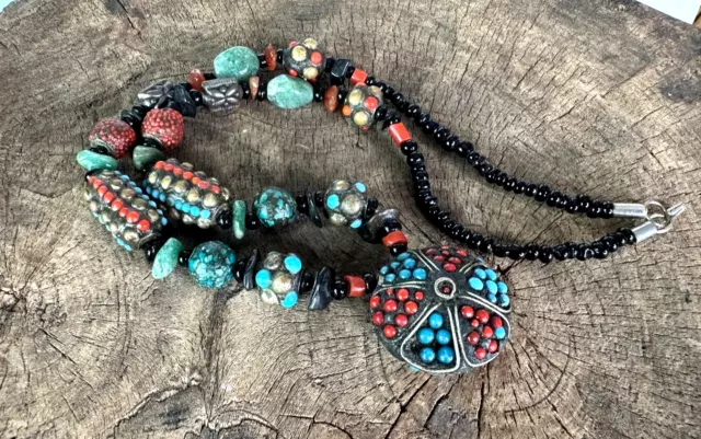 Old Tibetan Necklace in Red Coral, Turquoise, and Local Gem Stones