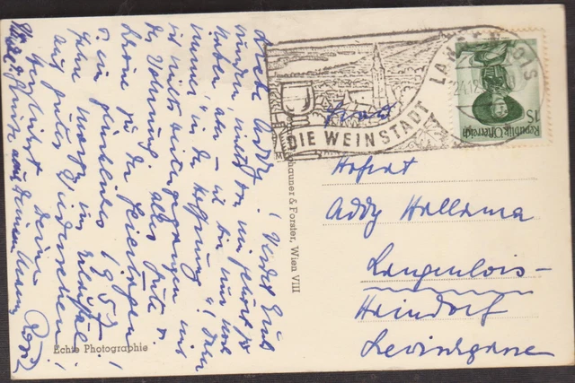 1 schöne Österreichische Karte, gelaufen von Sonderstempel Langenlois, 1952