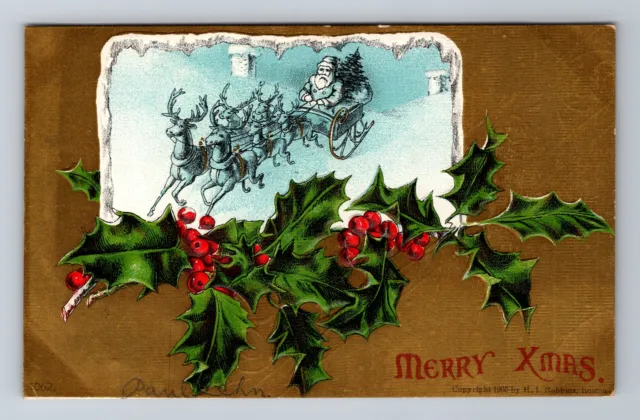 Merry Xmas, Holly, Santa Claus In A Sleigh, Holly Embossed, Vintage Postcard