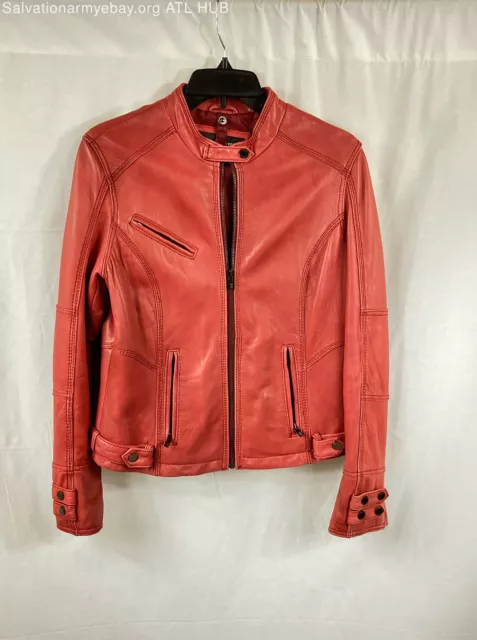 Women's Black Rivet Coral Color Leather Bikers Jacket - Size M