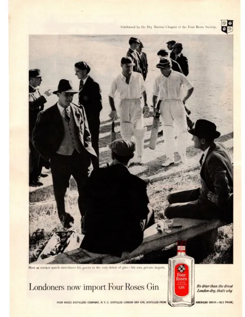 Four Roses 1958 destilado ginebra seca London 90,5 prueba sombrero partido de cricket anuncio impreso