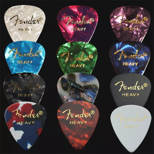 12 x choix / plectres de guitare celluloïd Fender lourds - 1 de chaque couleur