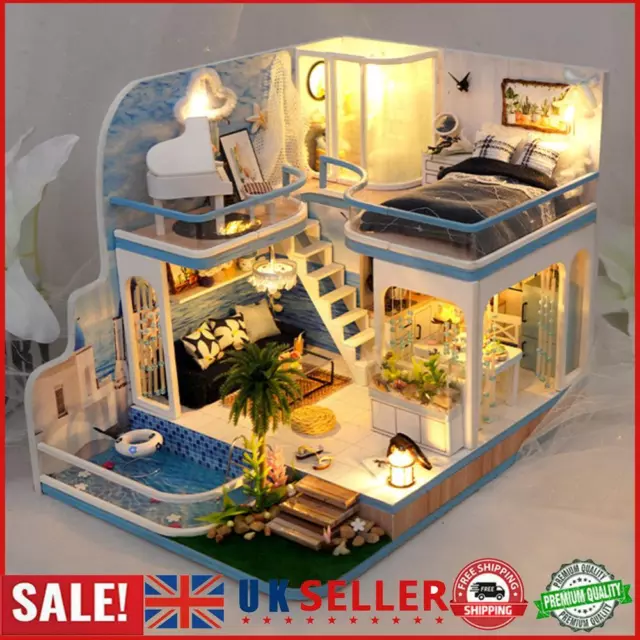 Wooden DIY Doll House with Dust Cover/Light/Accessories Miniature Dollhouse Kit