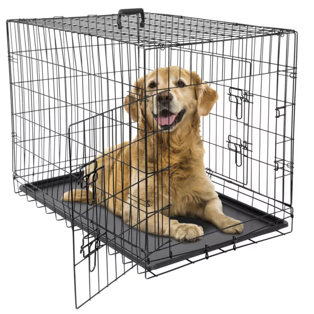 30" 36" 42" Dog Crate Kennel Folding Metal Pet Cage 2 Door With Tray Pan Black