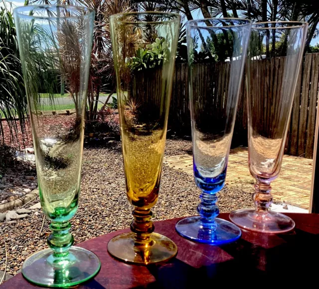 Vintage 1950s Multicoloured Harlequin Champagne Wine Flutes Set Of 4 /Retro Bar