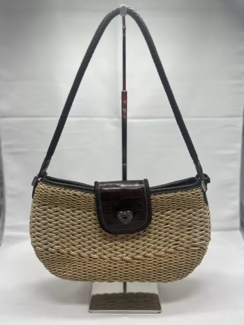 CUTE Brighton Woven Tan Straw Brown Croc Embossed Leather Small Bag Tote Satchel