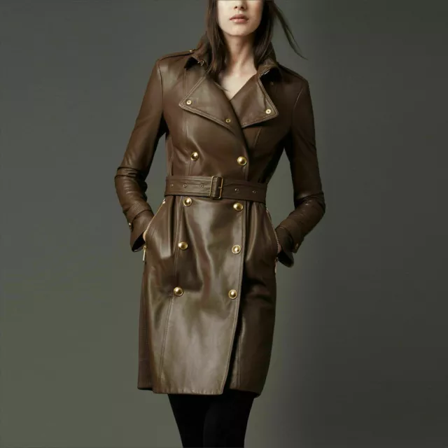 Women Real Lambskin Leather Trench Coat Midlength Overcoat Ladies Premium Jacket