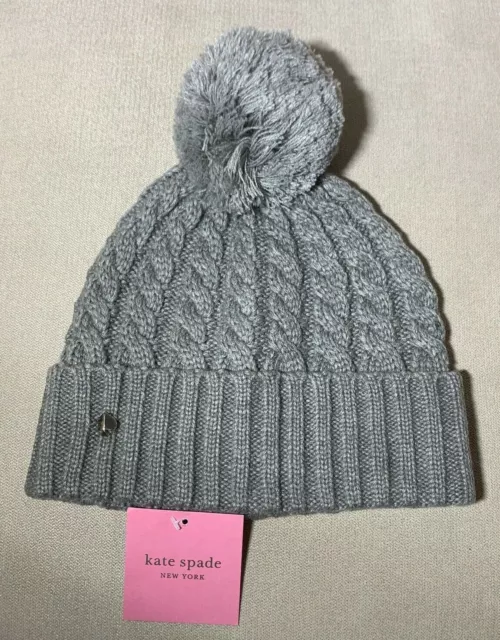 NWT Kate Spade New York Gray White Cable Knit Pompom Beanie  Hat