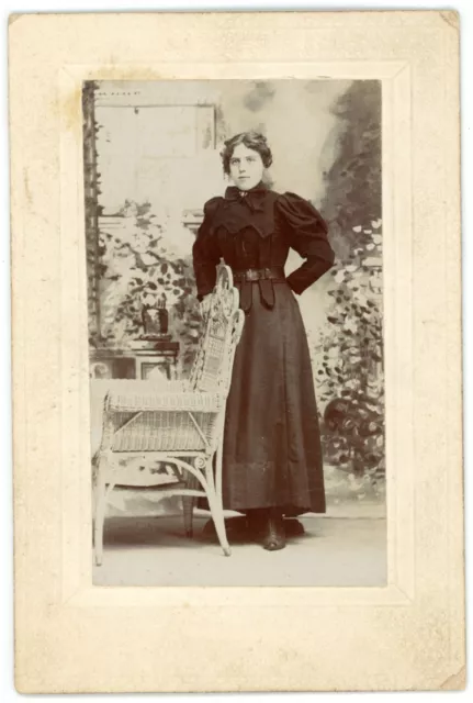 CIRCA 1890'S Small Named CABINET CARD Beautiful Young Woman Black Dress Chair