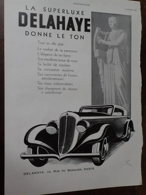 DELAHAYE Superluxe par René RAVO + IDEAL CLASSIC pub papier ILLUSTRATION 1934