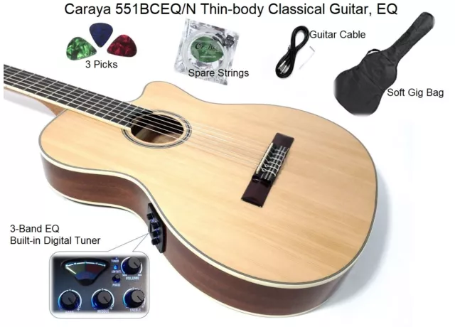 Caraya C-551BCEQ/N Thin-body Natural Spruce Cutaway Classical Guitar,EQ+Free Bag