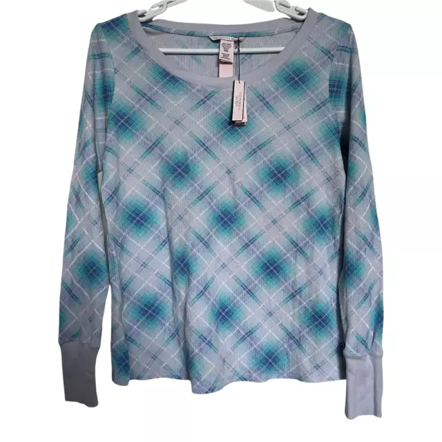 Victoria's Secret Womens Thermal Pajama Top Plaid Argyle Blue Preppy Size XS New