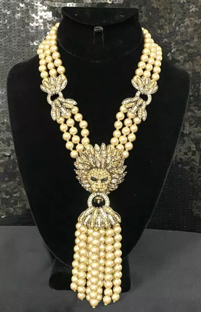 Signed Heidi Daus Lion Queen Tassel Crystal Necklace Beg Spectacular Showstopper