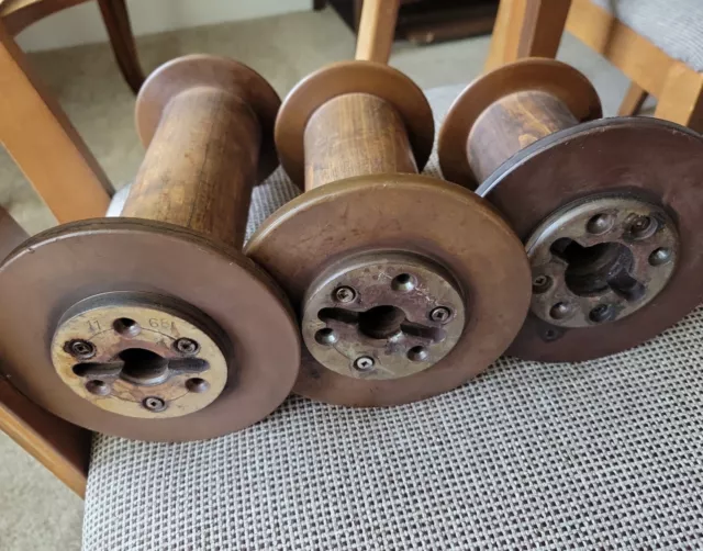 Vintage Set of Three Large Wooden Spool / Wood Bobbin Textile Spool