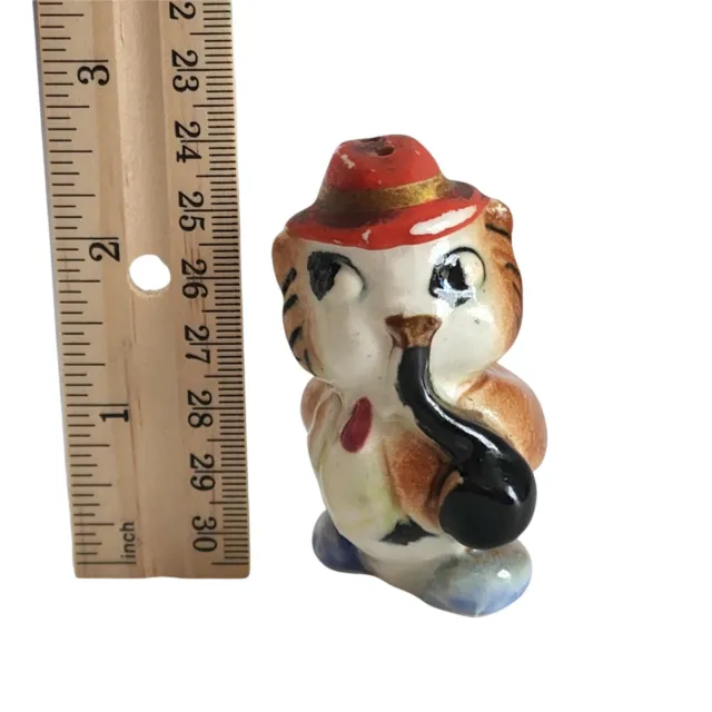 Vintage Japan Ceramic Anthropomorphic Owl Smoking Pipe with Red Hat Salt Shaker