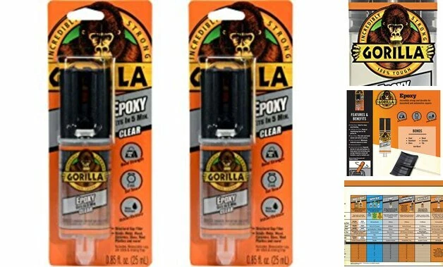 Gorilla  2 Part Epoxy, 5 Minute Set, .85 Ounce Syringe, Clear, (Pack of 2)