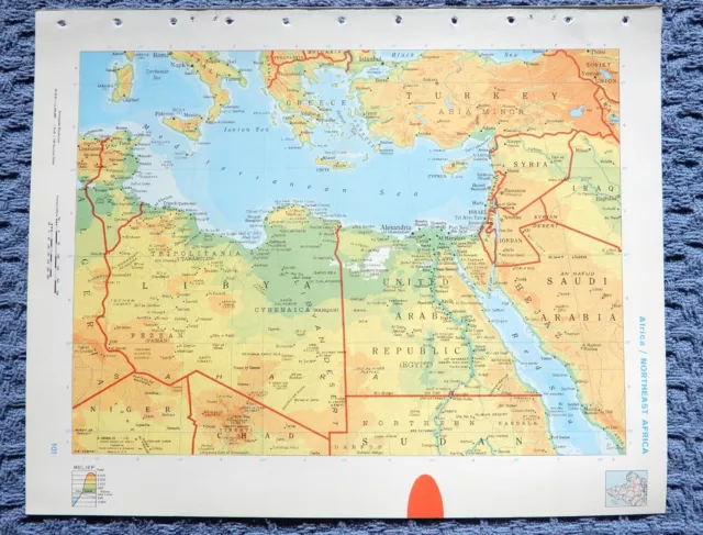 1966 NE AFRICA Atlas Map, vintage World Book Atlas, color Libya Egypt Tunisia