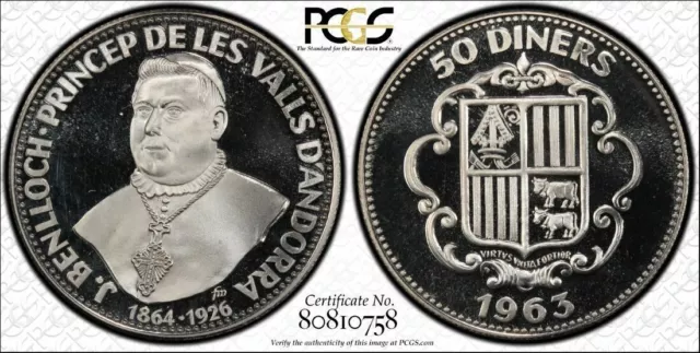 Andorra 50 Diners 1963 PR66 DCAM PCGS silver X#8 Bishop Benlloch of Urgel