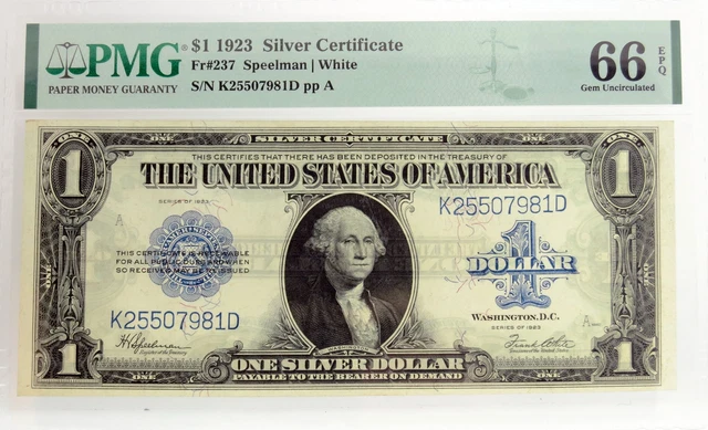 Series Of 1923 $1 Large Size Note Silver Certificate Fr#237 PMG Gem UNC 66 EPQ