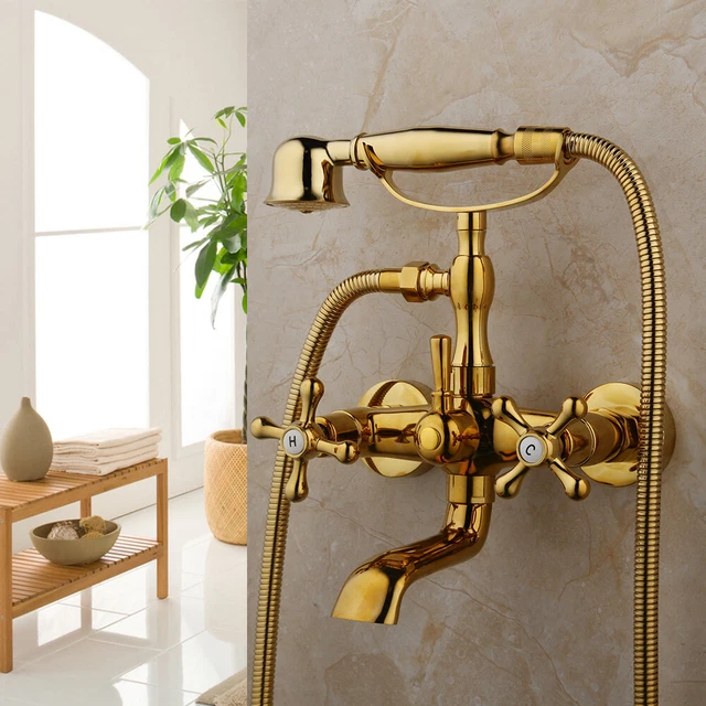 Gold Bathroom Waterfall Tub Faucet Wall Mounted Shower Mixer Tap 2 Handles