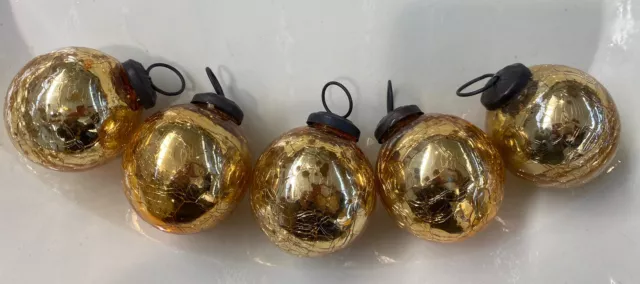 3º Lote De 5 Bolas de Navidad de Vidrio Crakle D’ Época Oro