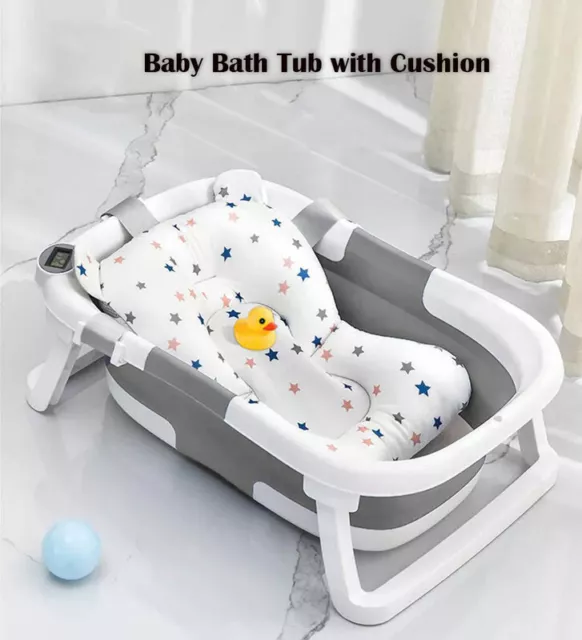 Foldable Baby Bath Tub Ergonomic with Temperature & Cushion Bath Pad + Bath Net 3