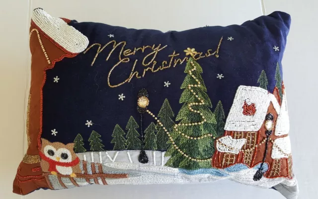 Christmas Scene Throw Pillow Beaded Decorative Pier 1 Home Decor 12" x 17"