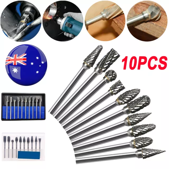 10pcs 6mm Head Tungsten Steel Carbide Rotary Burr Bur Die Grinder Bit + Case Set