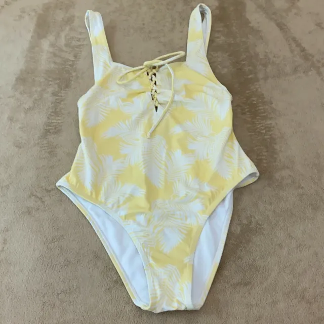 LA Hearts Womens Yellow White Tropical Wide Strap One Piece Swimsuit. Size XS